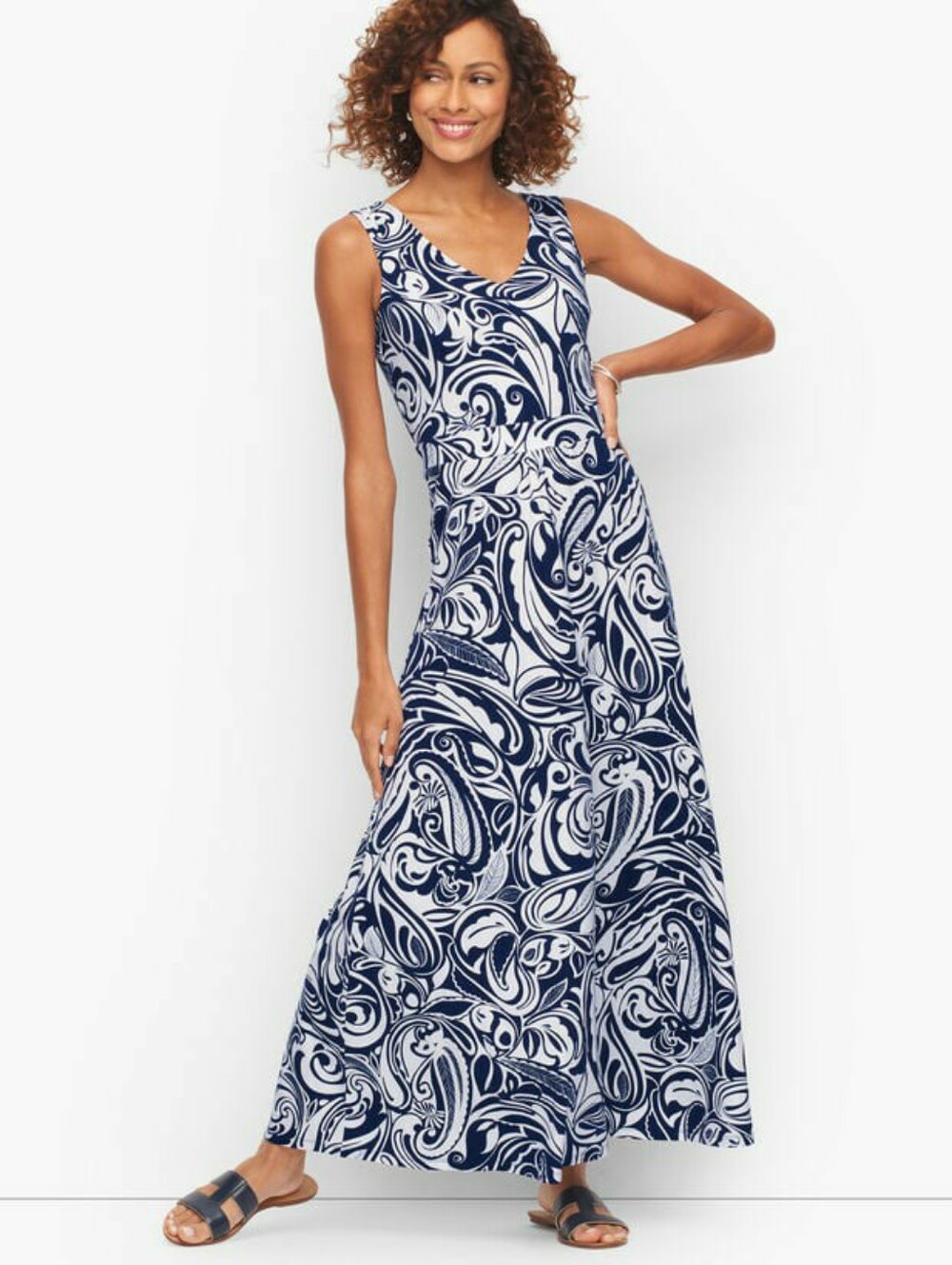 Talbots Navy and White Paisley Print Cotton Blend A-Line Maxi Dress